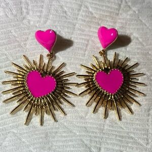 Gold Sunburst Heart Drop Earrings with Hot Pink Enamel